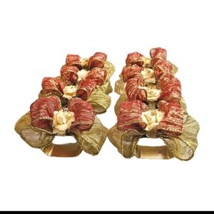8 Holiday Gold and Red Wired Bow Flower Victorian  Napkin Ring Holders